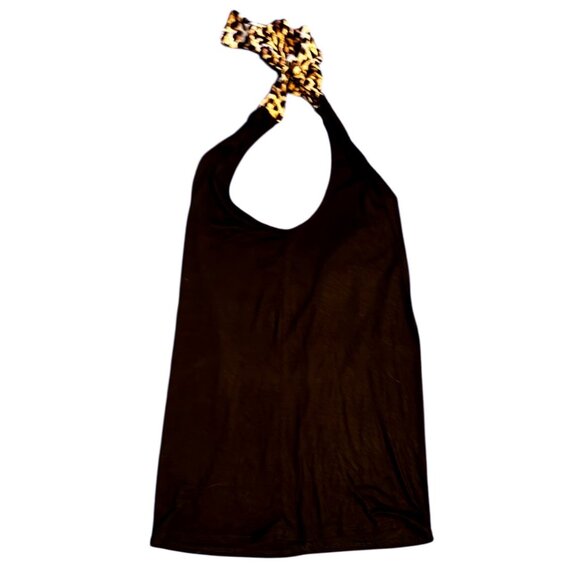 Bibi Women's Black Halter Top with Leopard Print Trim Womens Size M - Picture 2 of 4